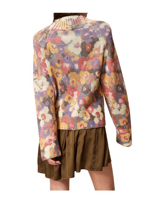 Maglia da donna in misto lana, collo lupetto, stampa floreale all-over, multicolor. TWINSET | 252AT317112980
